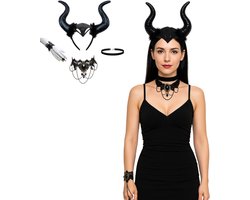 Joya Party® Halloween Accessoires Set 4-delig | Zwarte Hoorn Haarband | Gothic Choker Set | Duivel Hoorn Zwart | Malefi Lange Hoorns | Devil Horns | Armband met Ring | Verkleed Accessoires voor Volwassenen en Oudere Kinderen