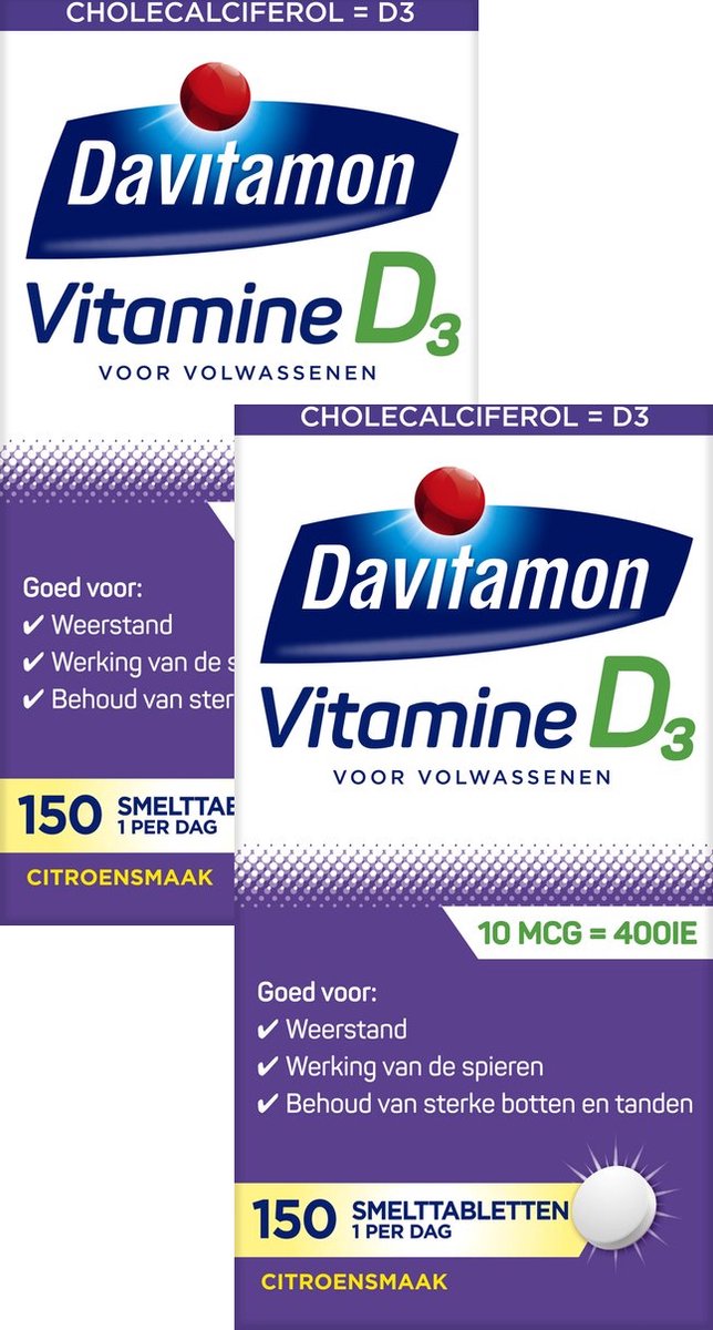 Davitamon Vitamine D Volwassen - Vitamine D3 volwassenen - Kleine smelttabletjes 2 x 150 stuks - BUNDEL