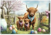 Tuinposter 120x80 cm - Tuindecoratie Schotsehooglanders - Paaseieren - Lente - Poster voor in de tuin - Buiten decoratie - Schutting tuinschilderij - Tuindoek muurdecoratie - Wanddecoratie balkondoek - Pasen - Paasdecoratie - Paas versiering
