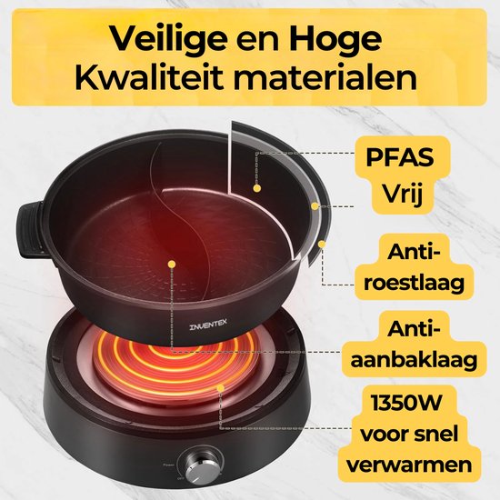 Inventex Hotpot - 2 vakken - Elektrische Fonduepan - 4.6 Liter - Automatische Temperatuur - Anti-baklaag - Zwart - PFAS vrij - Shabu Shabu — afbeelding 5
