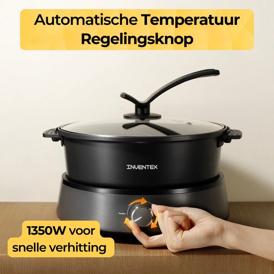 Inventex Hotpot - 2 vakken - Elektrische Fonduepan - 4.6 Liter - Automatische Temperatuur - Anti-baklaag - Zwart - PFAS vrij - Shabu Shabu — afbeelding 4