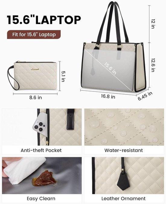 Lunchtas voor dames, 15,6 inch laptoptas met geïsoleerd lunchvak, grote laptoptas met portemonnee voor zaken, werk, verpleegkundige, kantoor, universiteit, vrije tijd, 42 * 18 * 30 cm, beige en zwart van Lovevook — afbeelding 3