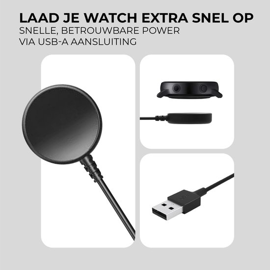 Zwarte ronde smartwatch oplader met USB-A kabel en aansluiting, geschikt voor snel opladen.