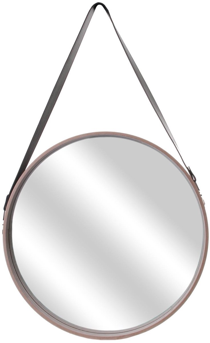 Home Deco Factory spiegel - rond - - hout - met leren handvat - D40 cm