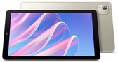 Zilveren tablet met een scherm met abstracte golvende patronen, camera achterop.