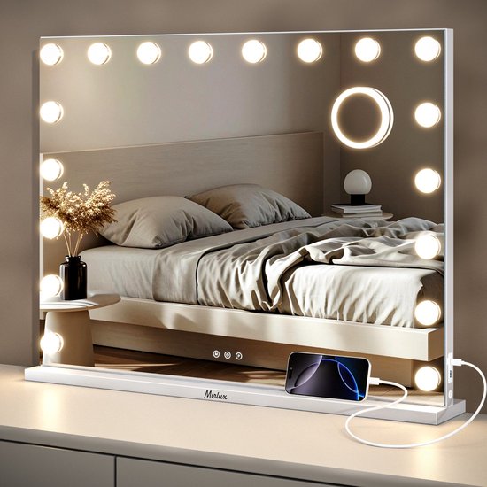 Foto: Mirlux hollywood spiegel 80x60cm led verlichting usb usb c oplaadpoorten make up wit