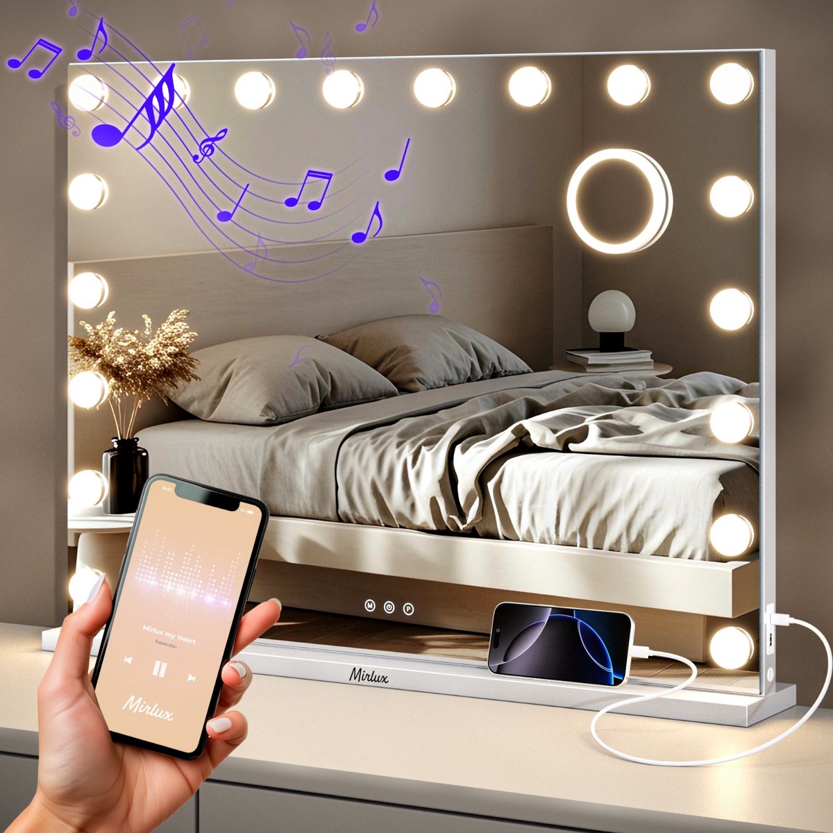 Mirlux Hollywood Make Up Spiegel Led - Bluetooth Speakers - 10x Zoom - Ophangbaar - Wit - 80x60cm