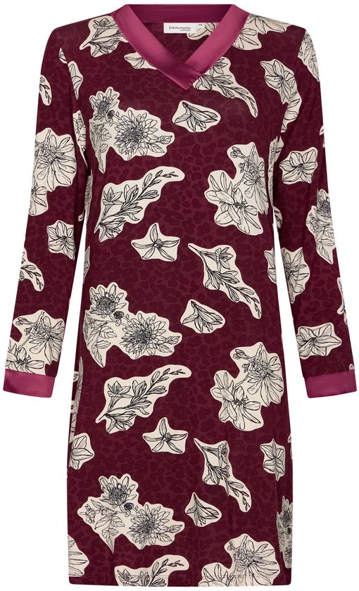 Bordeauxrood nachthemd met lange mouwen met een witte bloemenprint en luipaardvlekken. Een V-hals met bordeauxrode bies.
