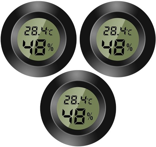 Trois hygromètres numériques ronds et noirs avec un écran vert affichant 28.4°C et 48%.