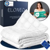 Wit ELONEO verzwaringsdeken met ruitstiksel, in doos met EU-vlag en keurmerk OEKO-TEX Standard 100. Gewicht deken 11 kg, afmeting 200x200 cm.
