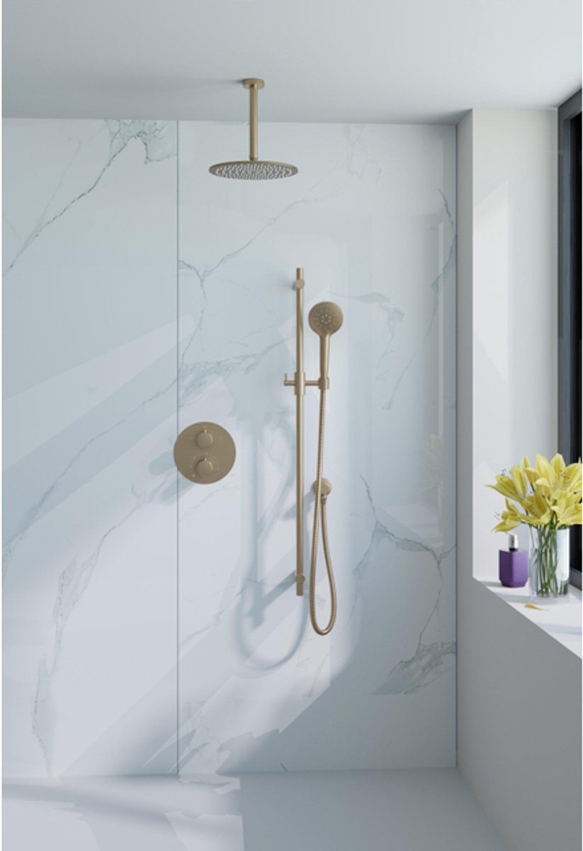 Fortifura Calvi Inbouw Regendoucheset - rond - thermostatisch - plafondarm - glijstang - 25cm hoofddouche - ronde handdouche - gladde slang - Geborsteld Messing PVD (Goud)