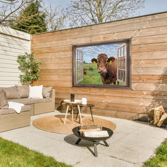 Affiche de jardin 120x80 cm - Décoration de jardin Vue - Vache - Prairie - Paysage - Animaux - Affiche pour le jardin - Décoration extérieure - Tableau de jardin clôture - Décoration murale sur toile de jardin - Décoration murale sur toile de balcon