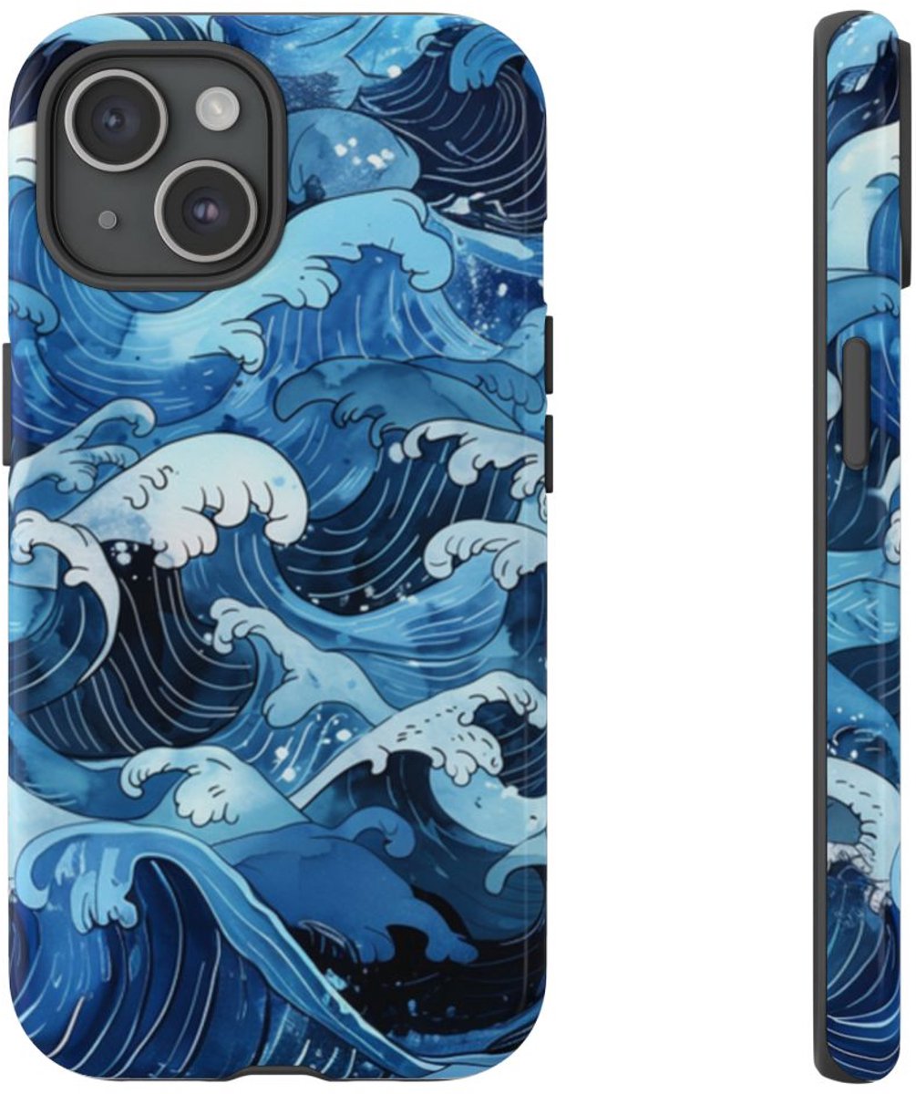 Handgetekende Japanse Stijl Oceaangolven – Telefoonhoesje Geschikt voor iPhone 15
