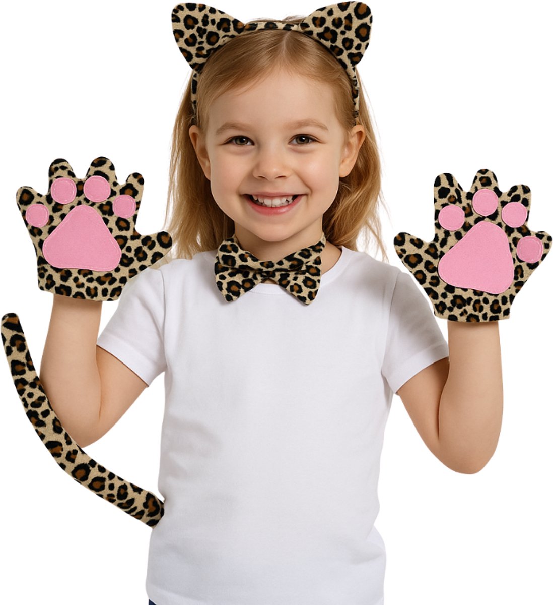 Joya Kids® Panter Verkleed Accessoires | Verkleedset Luipaard | Meisjes en Jongens en Volwassenen Verkleedpak Kat | Carnaval en Halloween Outfit kinderen en volwassen | Haarband met Oren, Staart, Pootjes en Strik | Tijger — afbeelding 4