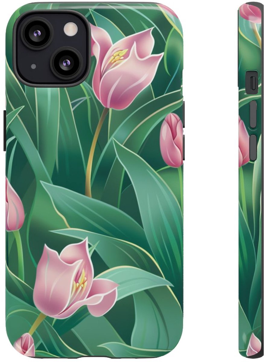 Roze Tulp Bloemenpatroon – Telefoonhoesje Geschikt voor iPhone 13