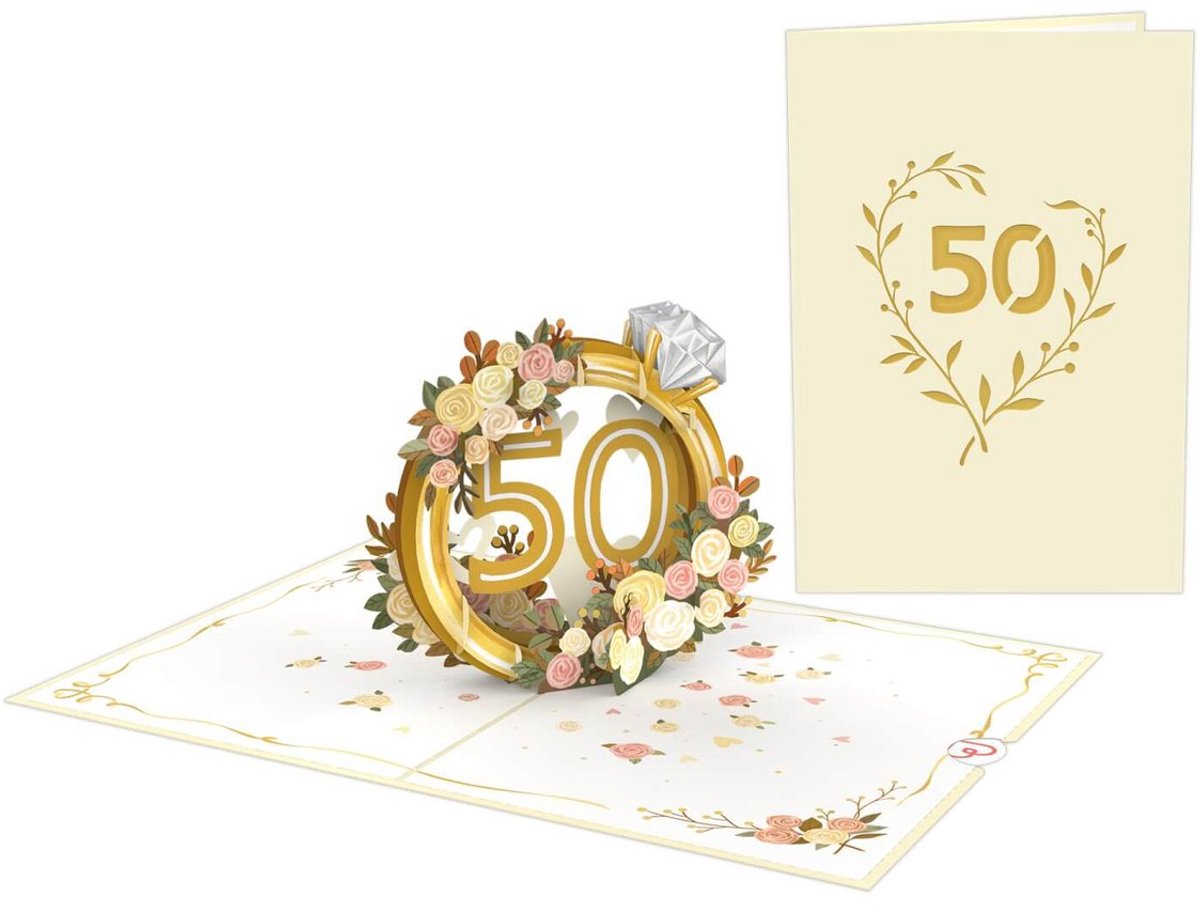 papercrush® Pop-up kaart Gouden Bruiloft - Elegante 3D-wenskaart voor het gouden huwelijk, cadeaukaart voor de 50e huwelijksverjaardag (vrouwen & mannen), verpakking voor geldcadeau, uitnodigingskaart voor jubileumfeest