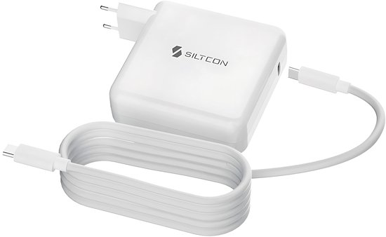 Witte Siltcon 96W USB-C adapter met een opgerolde witte USB-C kabel.