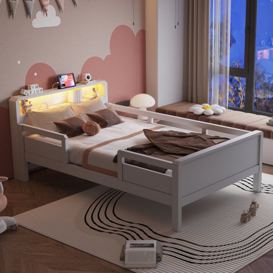 Daybed 140x200 cm, slaapbank, met LED, opbergruimte, USB Type-C, uitschuifbaar bed, zonder matras, linnen