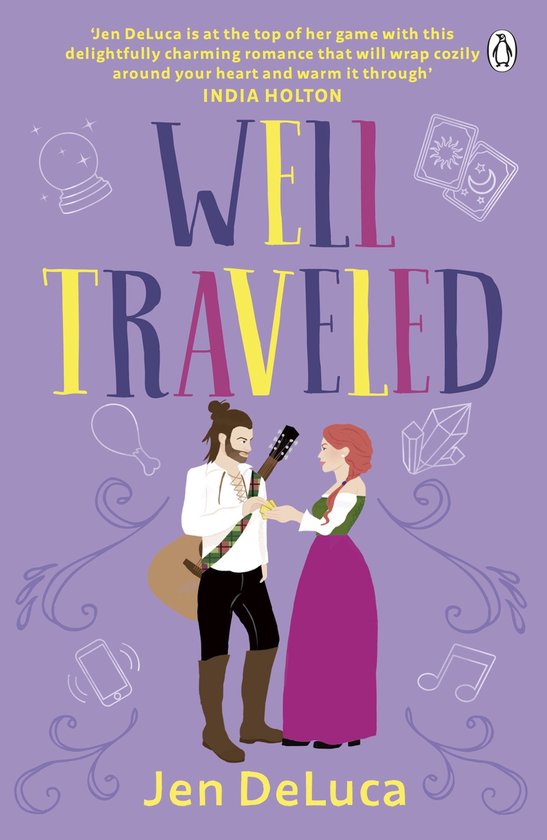 Boekcover met de titel 'Well Traveled'. Een man met een gitaar en een vrouw in middeleeuwse kleding staan centraal. De achtergrond is paars met diverse iconen.