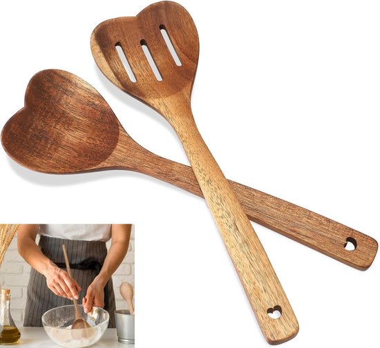 Set de 2 - Cuillères de cuisine en bois en forme de cœur - Cuillères en bois en forme de cœur et écumoire - avec long manche en bois d'acacia - Parfait pour cuisiner, remuer et servir - Accessoires de cuisine