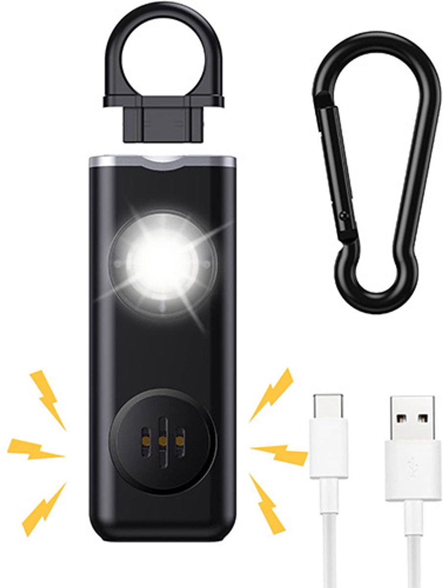 Persoonlijk alarm zelfverdediging - Zelfverdedigingsalarm voor vrouwen - Oplaadbare alarmsleutelhanger - Noodalarm - met LED-stroboscoop - 130 dB - Noodzelfverdedigingsalarm voor vrouwen, meisjes en senioren - Zwart