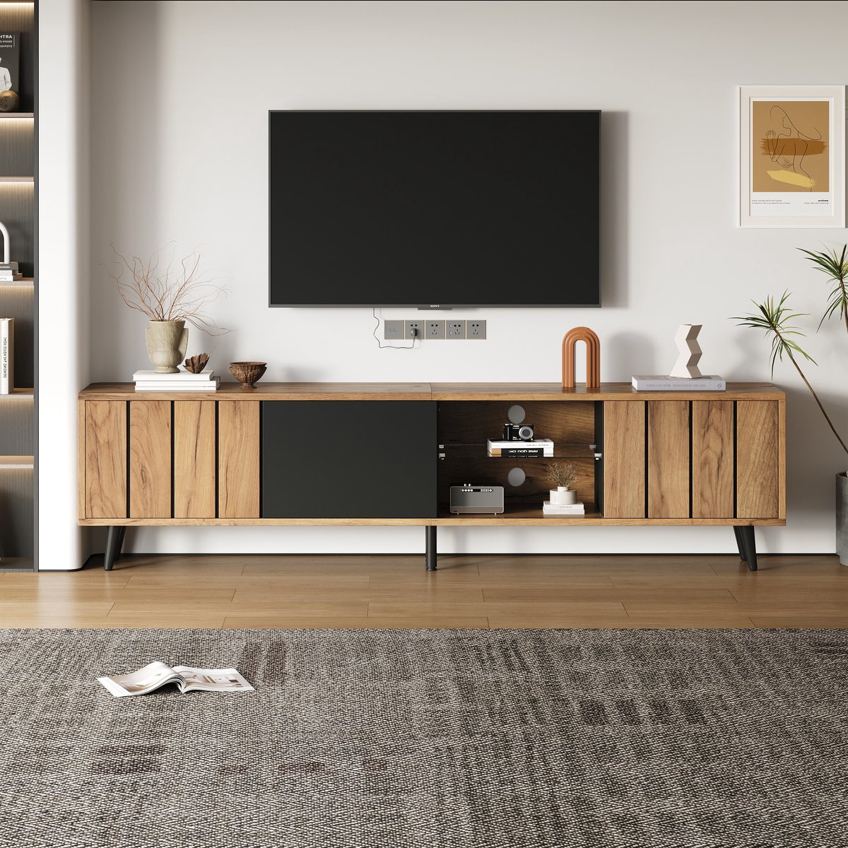 Pugsdrly Lage tv-meubel 175*31,5*45 cm, tv-meubel voor de woonkamer, tv-meubel met 3 kasten, eenvoudig woonkamermeubel met originele houtkleur + zwarte verbindingsstukken, geschikt voor 75 inch tv's