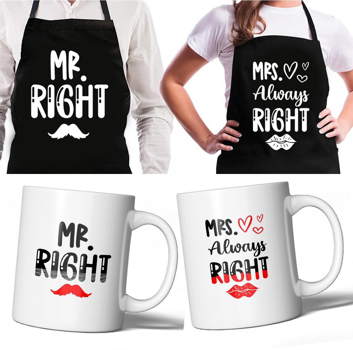 Geschenkenset MR. RIGHT AND MRS. ALWAYS RIGHT - 2 mokken + 2 schorten - voor hem en haar - cadeau - geschenk - mok + schort