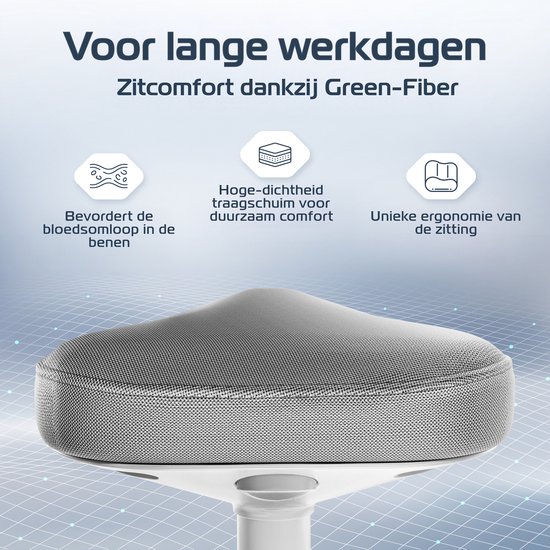 Grijze, ergonomische zitting van Green-Fiber met traagschuim voor duurzaam comfort.