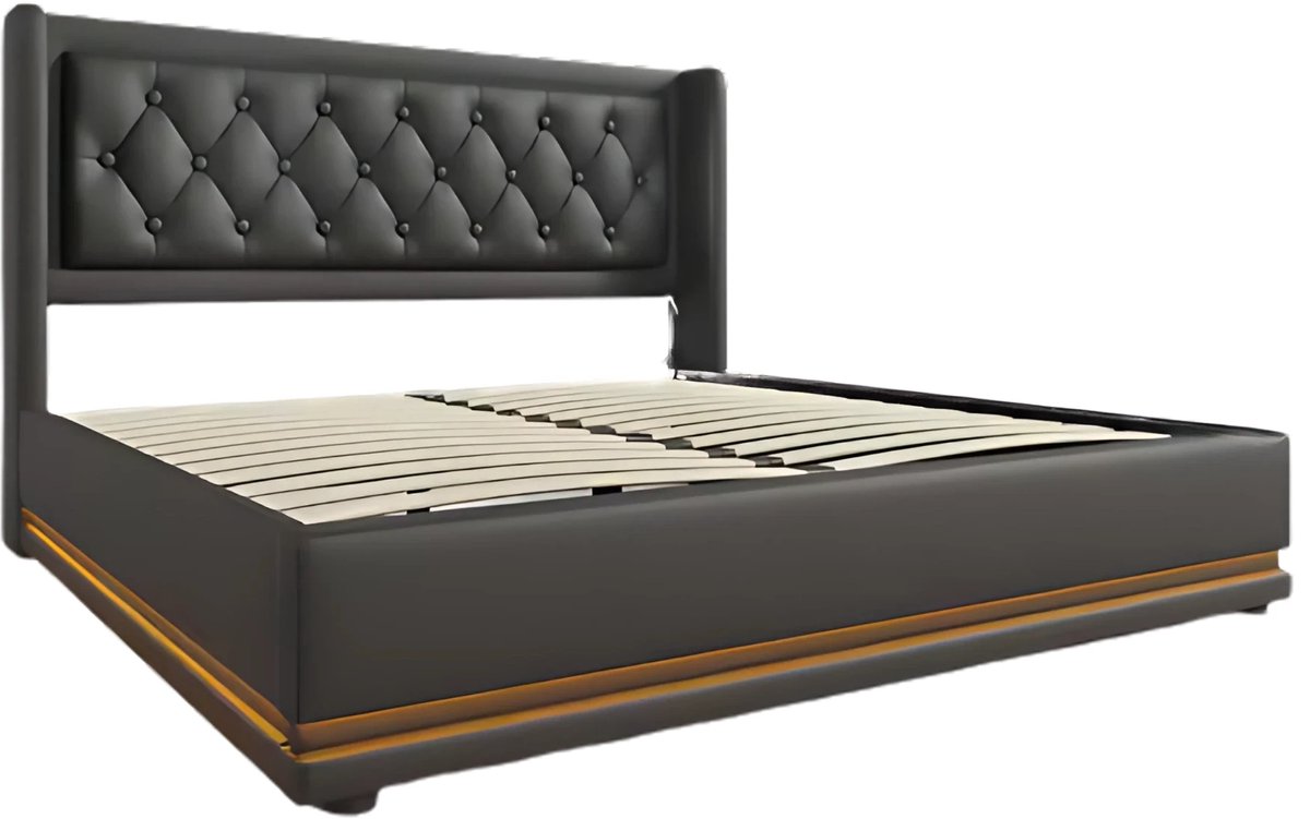 Happiq Bed - Tweepersoonsbedden - Tweepersoonsbed - Voor Slaapkamer - Tweepersoonsbed met USB-C, 3-zijdig Hoofdeinde & LED-verlichting - Hydraulisch met Opbergruimte - Zwart PU Leer - 160x200