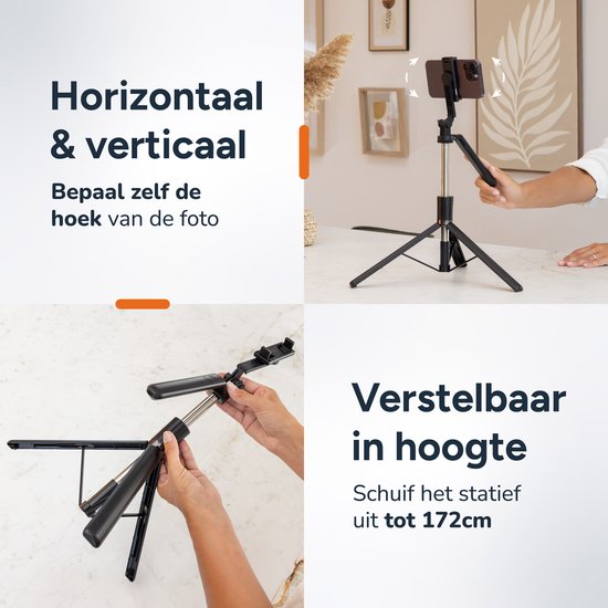 Collage van een selfiestick, horizonaal en verticaal te gebruiken. Verstelbaar tot 172cm.