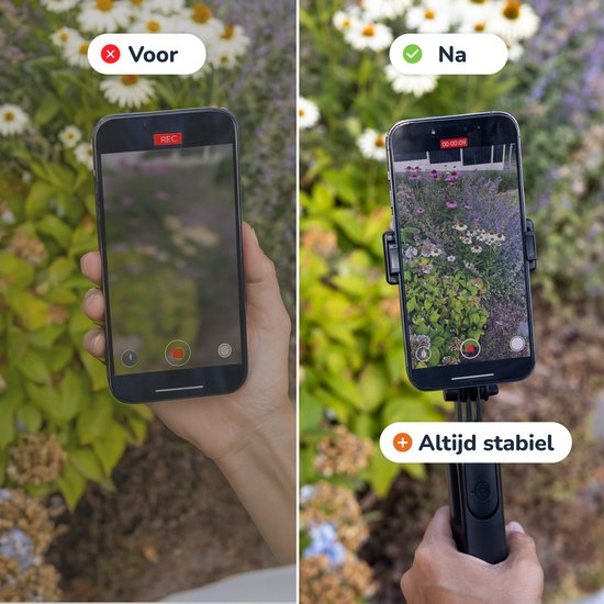 Links: telefoon met rode opnameknop. Rechts: telefoon met bloemen en selfiestick. 'Altijd stabiel'.