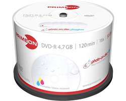 Primeon 2761207 DVD-R disc 4.7 GB 50 stuk(s) Spindel Bedrukbaar, Hoogglans opppervlak, Watervast, Onuitwisbaar