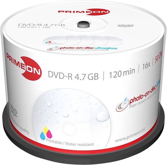 Primeon 2761207 DVD-R disc 4.7 GB 50 stuk(s) Spindel Bedrukbaar, Hoogglans opppervlak, Watervast, Onuitwisbaar