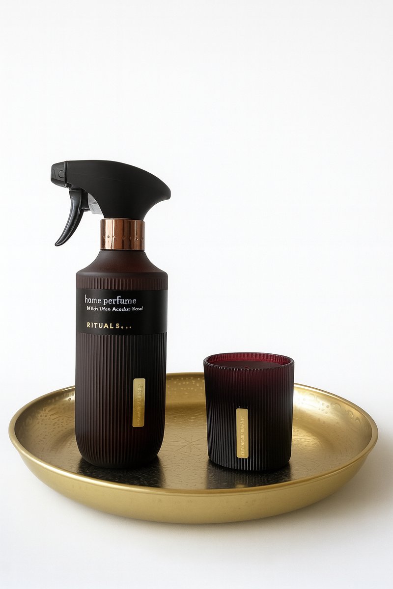 Rituals - Ayurveda - Luxury Set - Home Perfume Spray 400 ml + Kaars 140 gram + Gouden Ronde Decoratieve Dienblad - Huisparfum 400 ml + Candle 140 gram