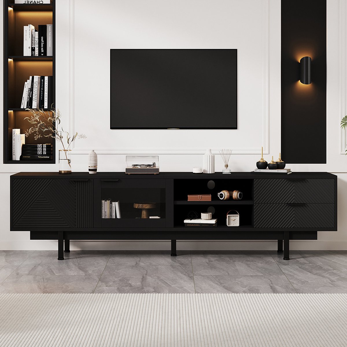 Pugsdrly Moderne en eenvoudige tv-meubel 200*40*50,5 cm, laag meubel met 2 deuren en 2 lad
