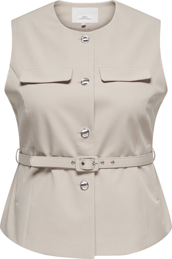 Beige gilet met knopen, twee borstzakken en riem met gesp.