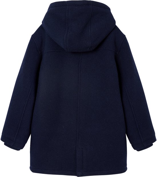 Donkerblauwe wollen duffeljas met klittenbandsluiting, houten knopen en een teddyvoering.