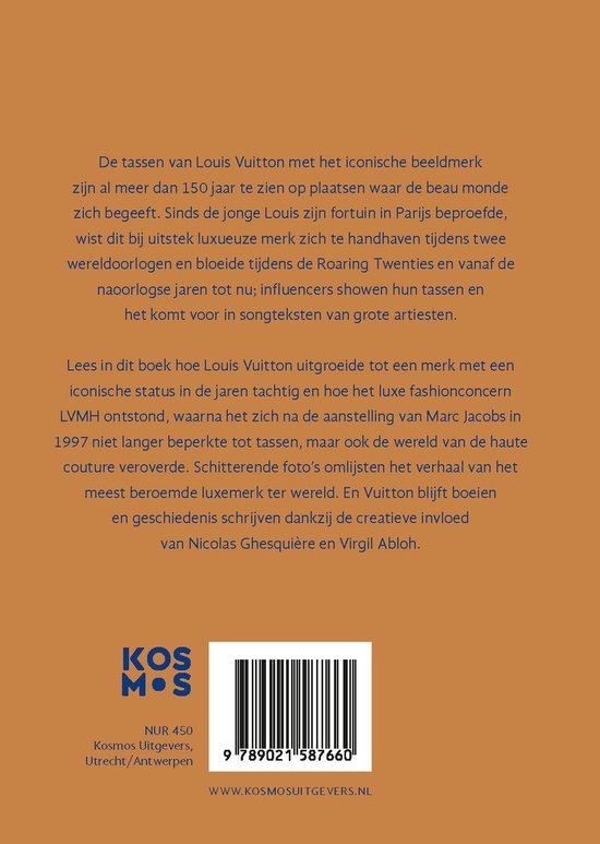 Achterkant van boek 'Little Book of Louis Vuitton'. Tekst over het merk en barcode.