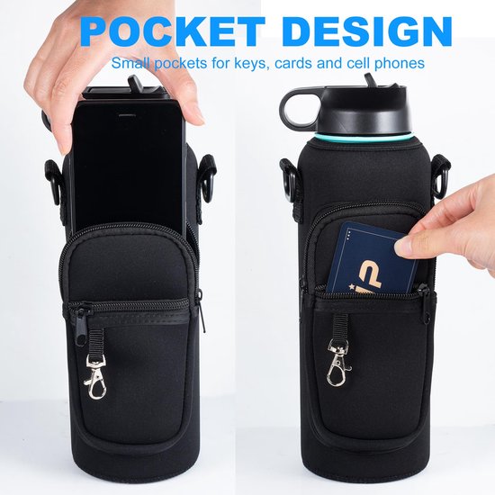 Waterfleshouderriem voor 32 oz geïsoleerde waterfles, rugriem, schouderriem, telefoonvak, waterfleshouder voor mannen, vrouwen, wandelen, kamperen, reizen — afbeelding 2