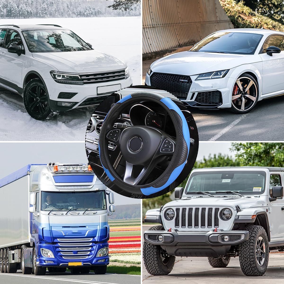 Stuurhoes voor auto, 15 inch stuurhoes van koolstofvezel, microvezel en PU-leer, elastisch voor mannen en vrouwen, antislip, ademende auto-interieuraccessoires voor de meeste auto's (blauw) – foto 2