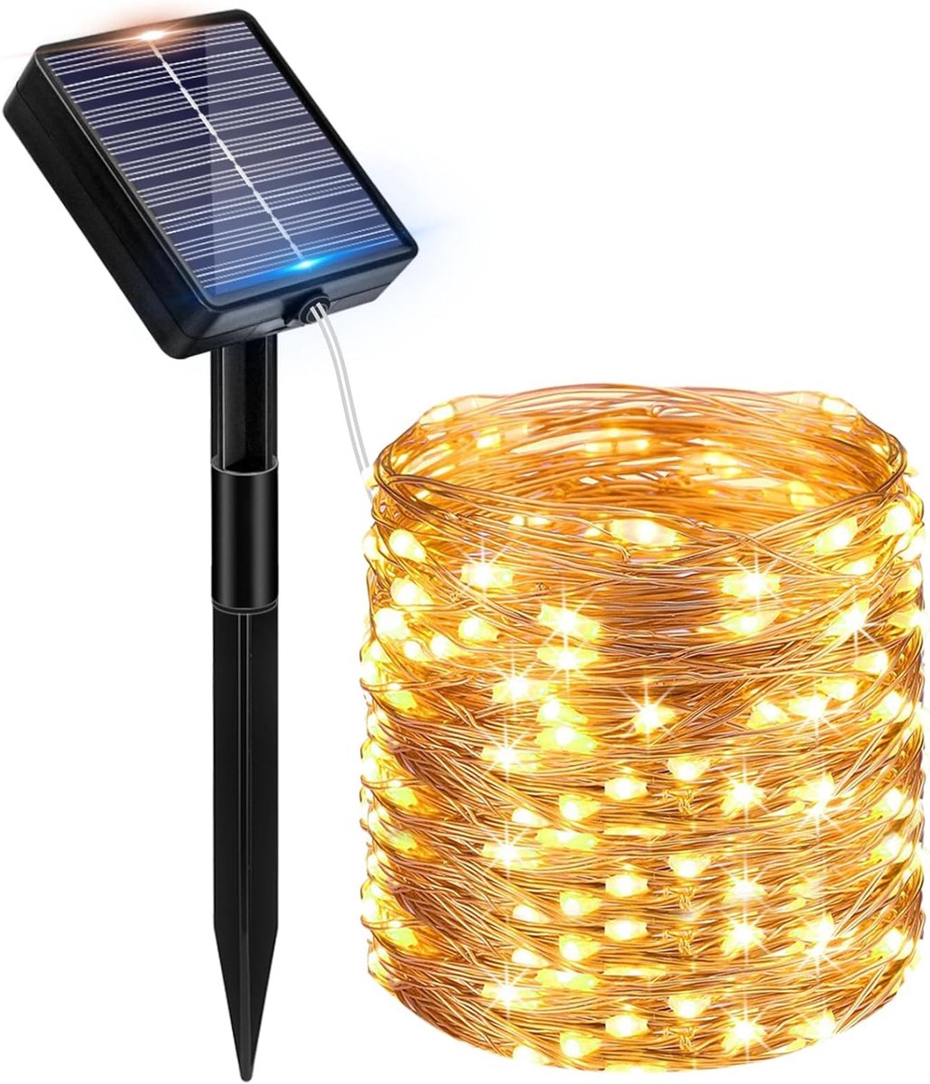 kerstverlichting buiten met zonnepaneel – 1 draadlampje van 12 meter – 8 lichtstanden – Tuin- & feestverlichting – Waterdicht IP65
