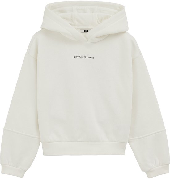 Off-white hoodie met capuchon en de tekst "SUNDAY BRUNCH" op de borst.