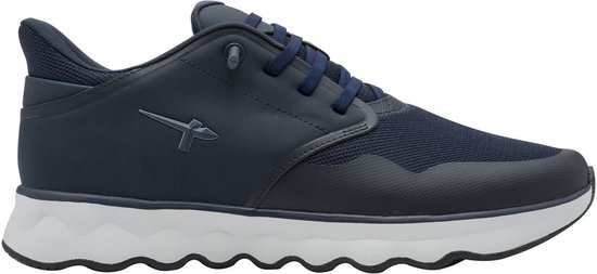 Donkerblauwe Tamaris sneaker met logo, witte zool en donkerblauwe veters.