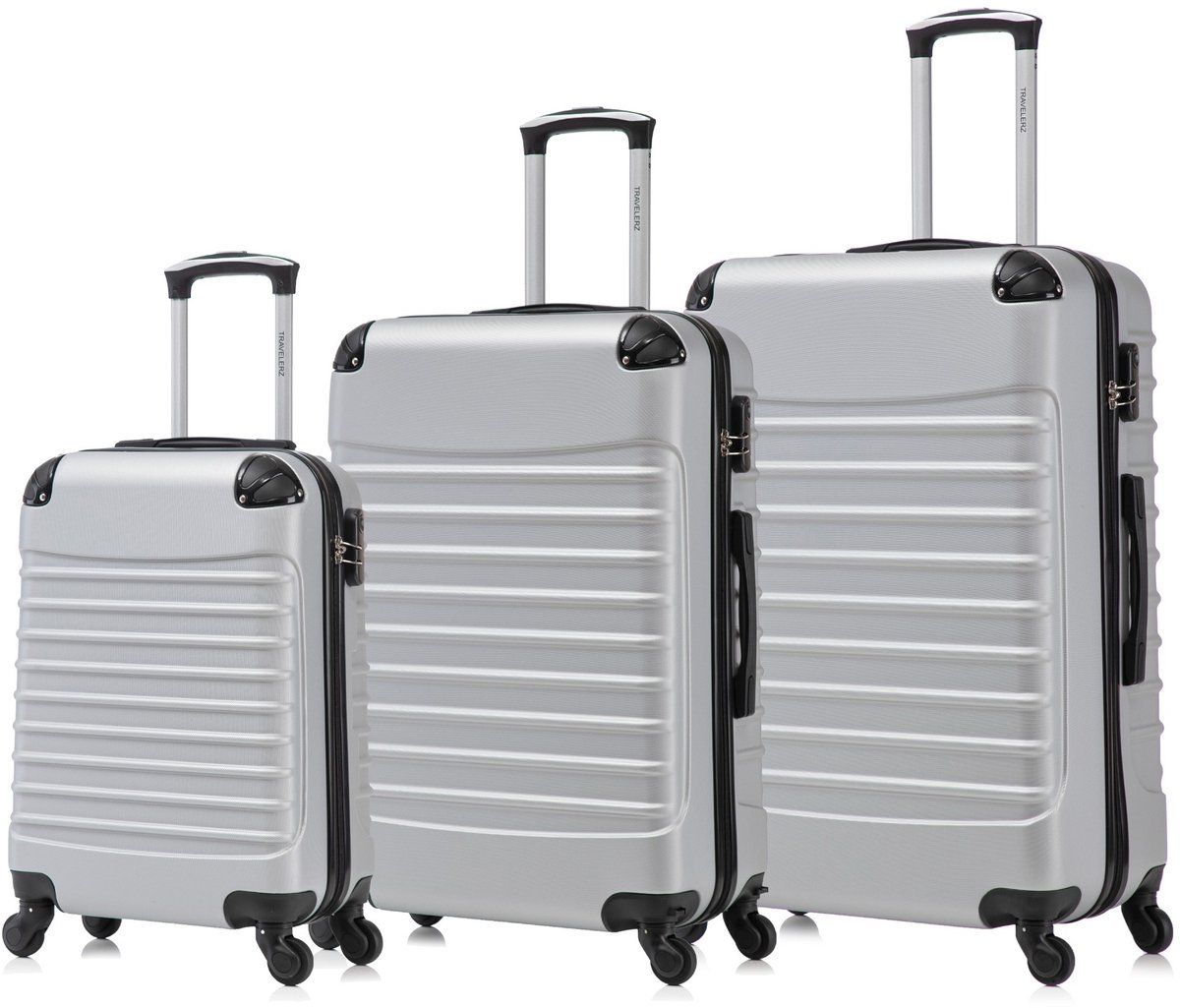 Travelerz Rome Kofferset 3-Delig – Handbagage 39L + Large 69L + Extra Large 95L – Lichtgewicht ABS – Spinner Wielen – Zilver – Met Cijferslot