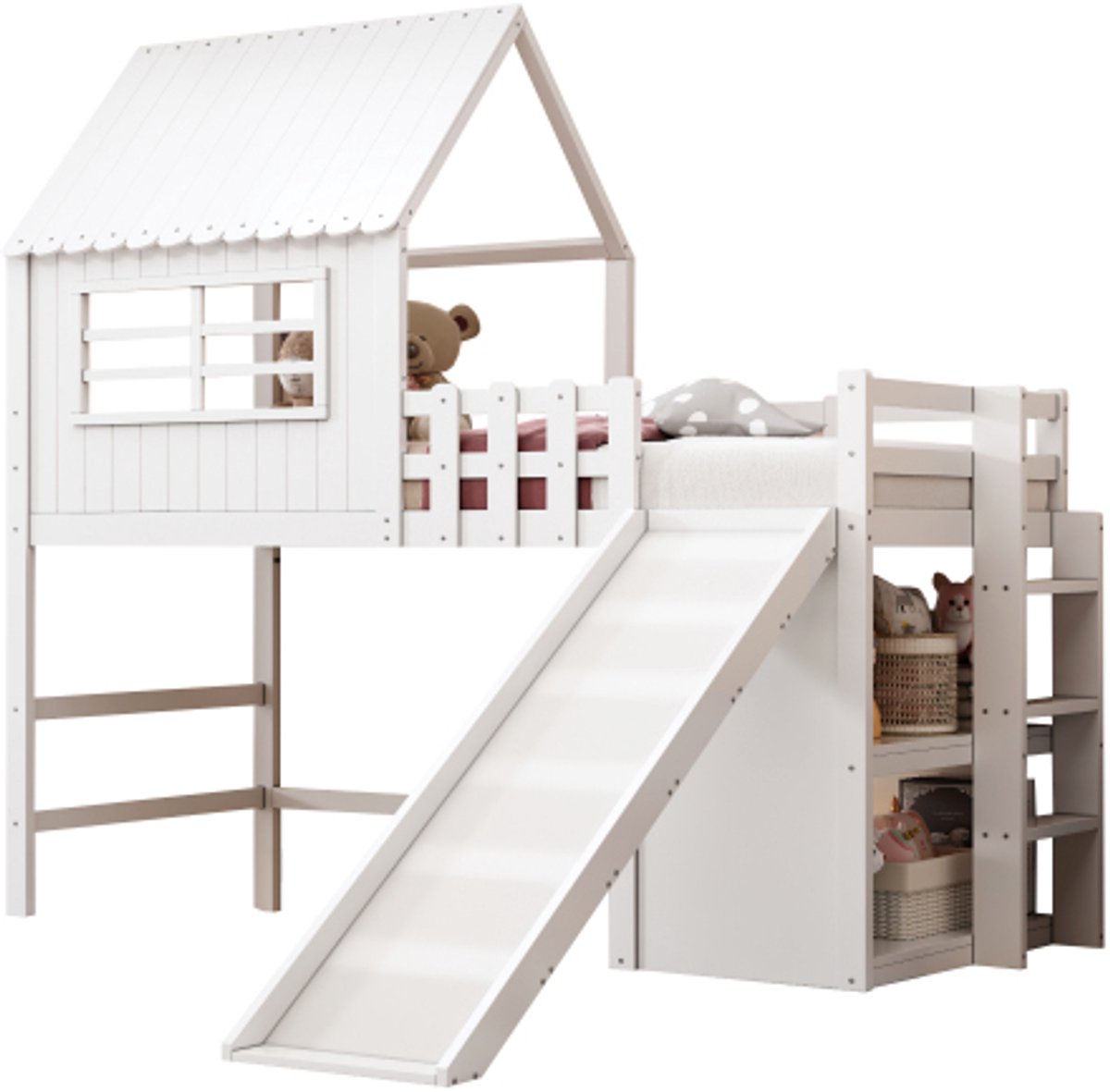Hoogslaper 90 x 200, huisbed kinderen stapelbed van wit massief hout vloerdiep kinderbed met ladder, baldakijn en raam