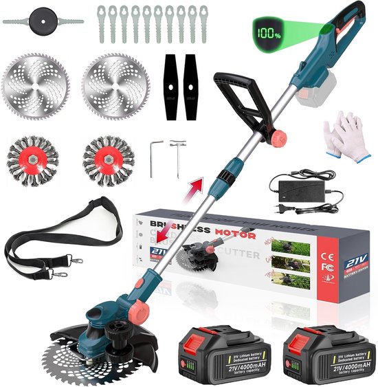 Traumheim Accu Grastrimmer - 750W Accu Grasmaaier met 2x 4.0Ah Accu's & Lader - Onkruidwieder & Voegenborstel - 90° Draaibare Kop - 23CM Snijbreedte - Elektrische Grastrimmer