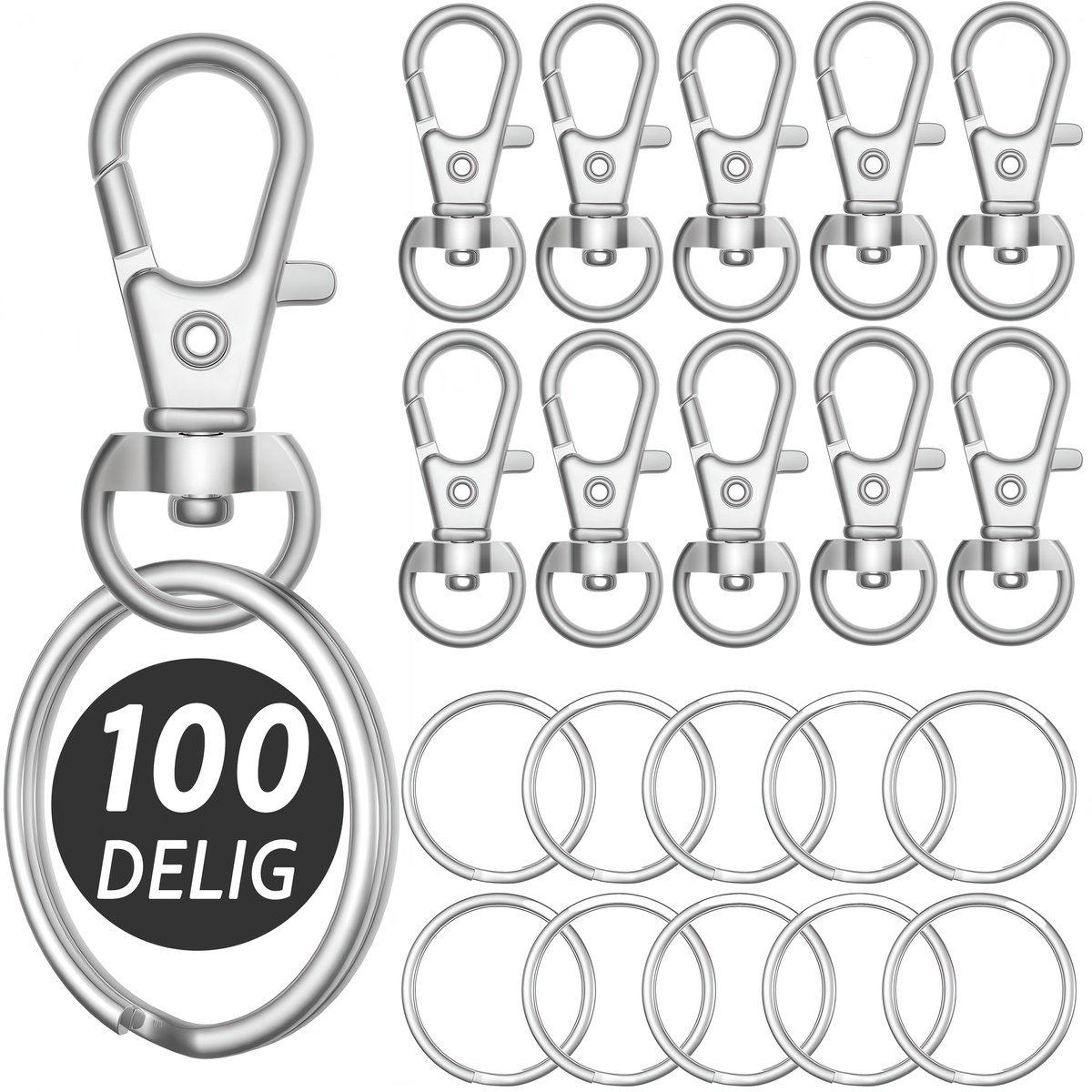 50x Karabijnhaak met 50 Sleutelringen - Musketonhaak Sleutelhanger - Carabijnhaak Keychains voor Volwassenen - Sieraden Maken Mini Musketon ringetjes - Auto Klein Carabiner Sleutel Hanger, Houder - DIY Karabijn Haak Ringen - Hobby Karabijnsluitingen