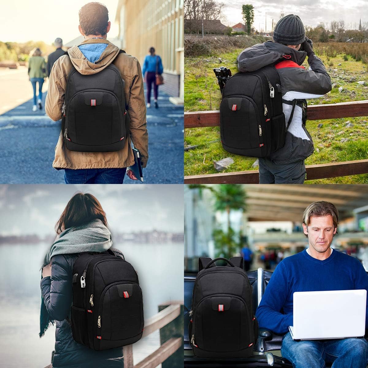 Lichtgewicht Laptoprugzak voor School en Reizen - Waterdichte Backpack met USB Oplaadpoort - 15.6 Inch Laptopvak Zwart – foto 3