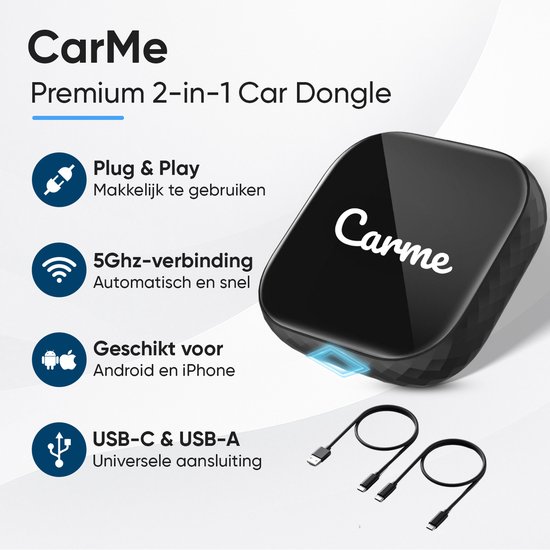 CarMe Premium 2-in-1 CarPlay Dongle - Draadloos CarPlay & Android Auto - Makkelijk Switchen Tussen Telefoons - USB-A & USB-C - Android Auto Dongle - Zwart