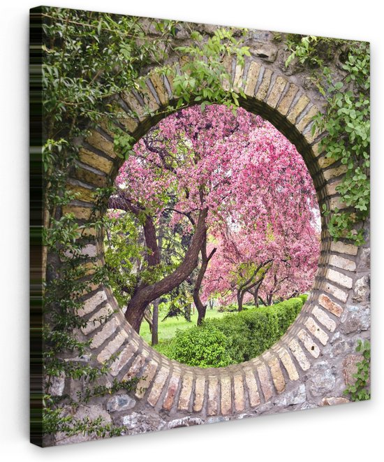 Tuinschilderij voor buiten 80x80 cm - Tuindecoratie Doorkijk - Sakura - Bloesem - Japans - Tuinposter op canvas - Tuin muurdecoratie - Buitenschilderij decoratie - Schutting wanddecoratie - Buitencanvas
